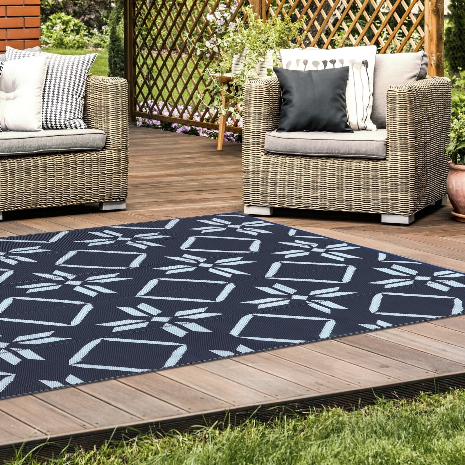 Kohree Outdoor Plastic Straw Rug 9'x12' ,Waterproof Mat with 4 Corner Loops Indoor Outdoor for RV, Camping, Deck ,Balcony(Blue)