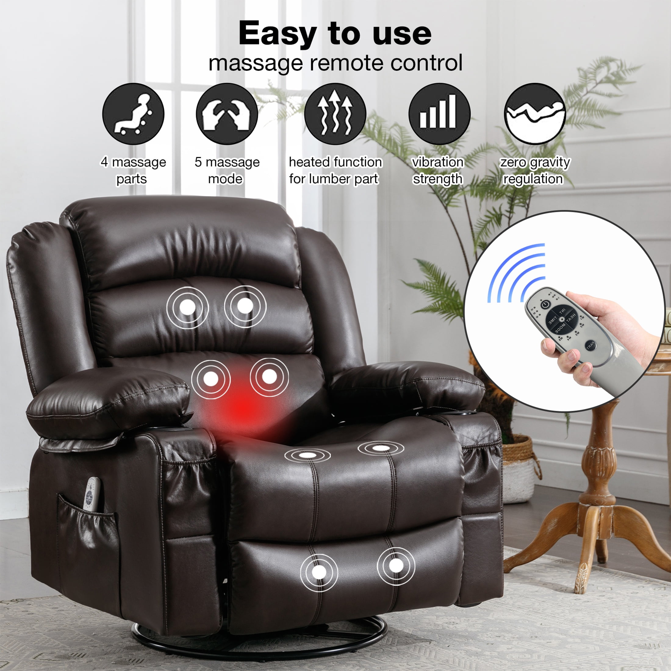 UHOMEPRO Massage Swivel Rocker Recliner Chair, PU Leather Rocking Sofa Home Recliner with Side Pockets Cup Holder and USB Charge Port, 360-degree Rotation, 30-degree Rocking, Brown