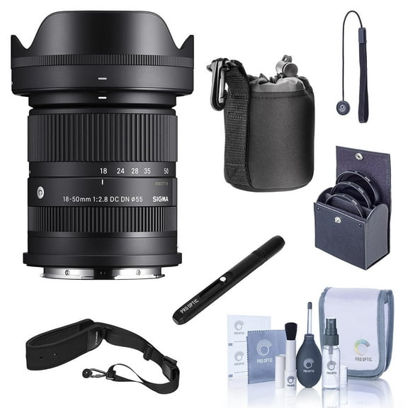 Sigma 18-50mm f/2.8 DC DN Contemporary Lens for Sony E - Bundle With 55mm Filter Kit, Lens Case, Lens Cleaner, Cleaning kit, Movo Sling Strap, Cap Tether