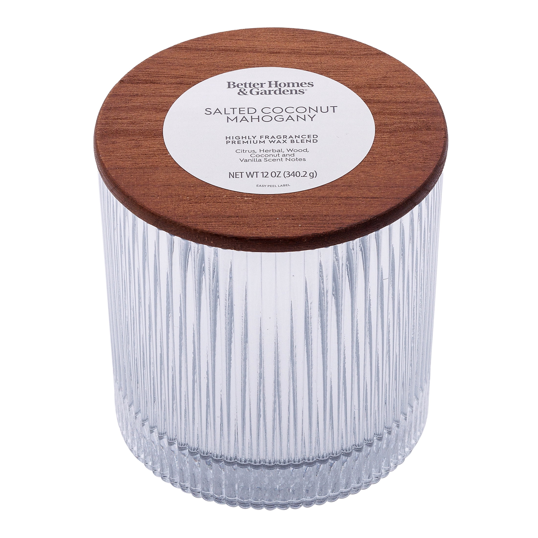 Better Homes & Gardens Salted Coconut Mahogany Jar Candle, 2 Cotton Wicks, Ribbed Mercury Glass Jar with Wooden Lid, 12 oz