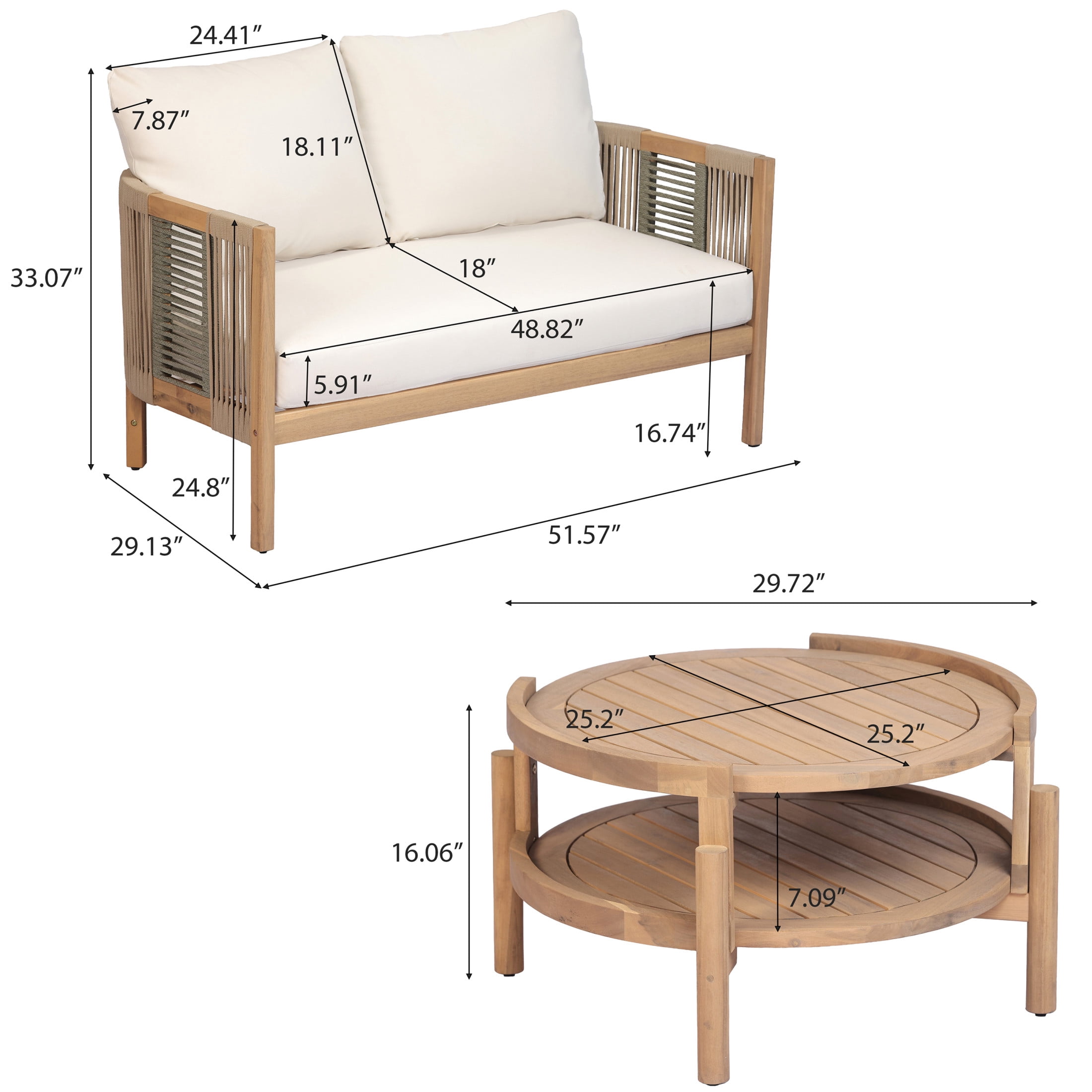 Christopher Knight Home Boho Outdoor Wood Loveseat and Coffee Table Set with Rope Accents, Teak+Beige