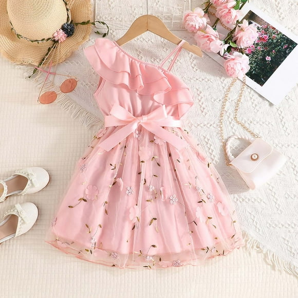 iTNHFP Girls Easter Dress Girls Dress One Shoulder formal Ruffle Trim Birthday Party Mesh Dresses with Belted Pockets