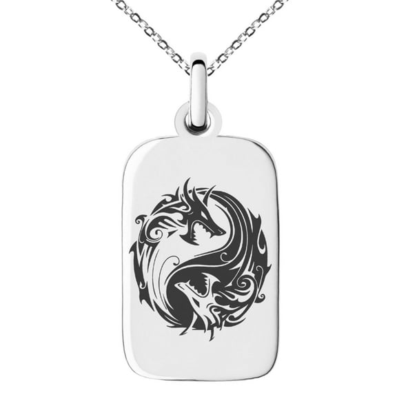 Tioneer Stainless Steel Tribal Dragon Yin Yang Engraved Small Rectangle Dog Tag Charm Pendant Necklace