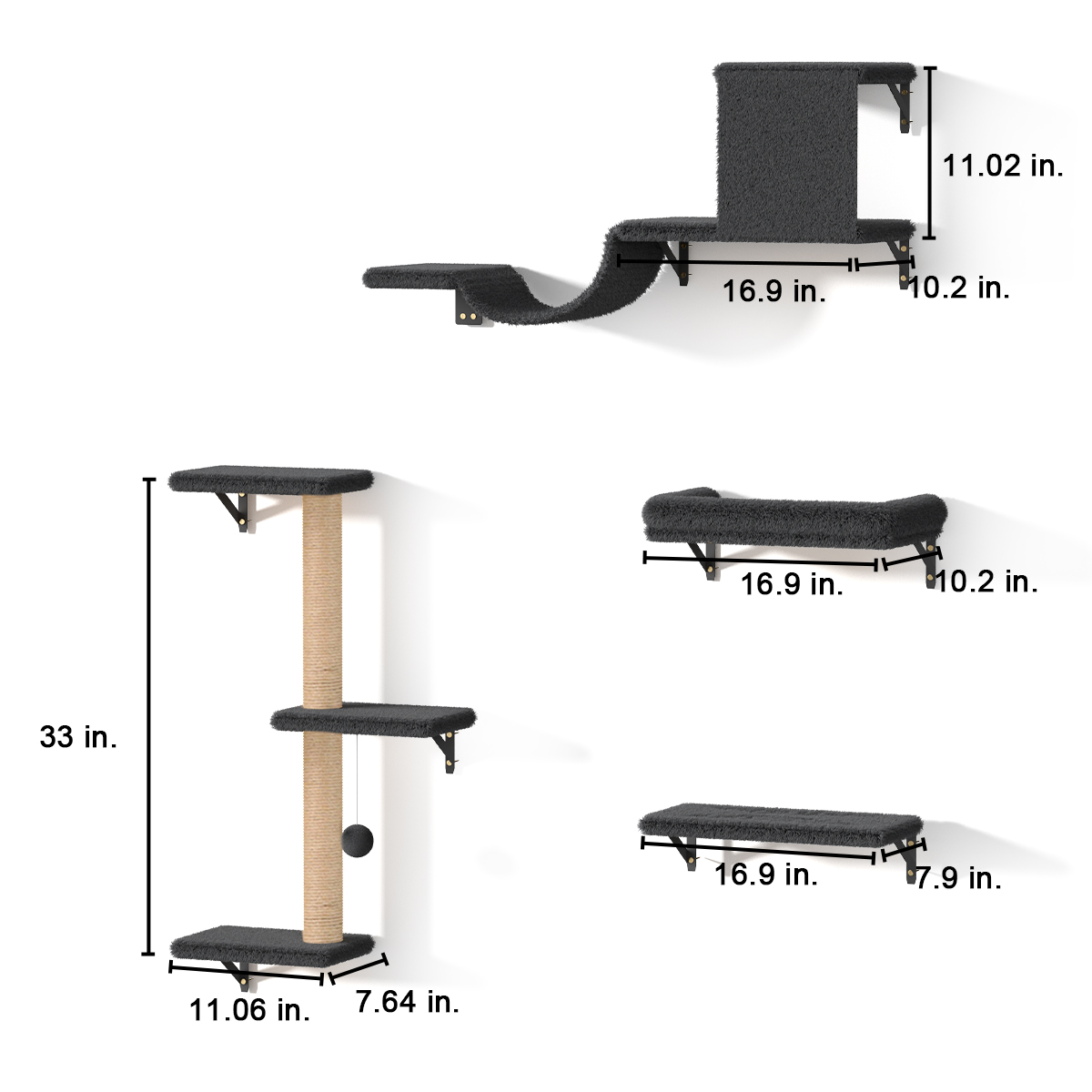 FUKUMARU Cat Wall Shelves Set, 4 in 1 Wooden Climbing Wall Furniture, Grey