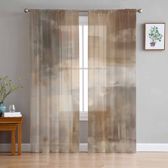 Brown Sheer Curtains 72 Inches Long 2 Panels Set, Window Sheer Curtains for Living Room/Bedroom, Oil Painting Abstract Art Contemporary Light Filtering Rod Pocket Curtain 52'' x 72'' x 2