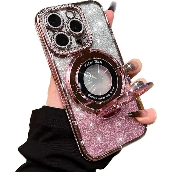 Magnetic Case for iPhone 14 Pro Max with Ring Holder, Luxury Glitter Rhinestone Bling Case [Compatible with Magsafe] Shockproof Kickstand Camera Lens Protector for iPhone 14 Pro Max (Pink)