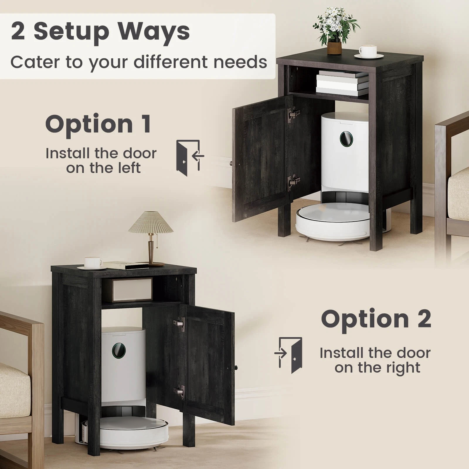 DRAZUNO Robot Vacuum Stand Cabinet with Door & Open Shelf for Home Office Living Room
