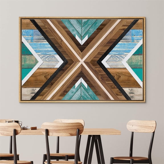 PixonSign Framed Wall Art Geometric Blue Brown Wood Collage Abstract Nature Wilderness Modern Art Country/Farmhouse Rustic Multicolor Canvas Prints Fine Art for Bedroom, Office -