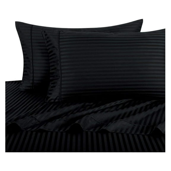 Split-King Size Sheets with 2 Twin-XL Fitted Sheets, Black, 100% Cotton Sheets, Deep Pocket, Cool Cotton Sateen, Smooth Striped Pattern Weaved Bed Sheets Split-King(2-Fitted-Type)