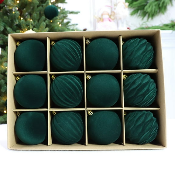 12 Pcs Dark Color Flocked Christmas Balls, 2.36 In Velvet Flocked Christmas Tree Decorations Balls, Shatterproof Material for Home Party Christmas Decor