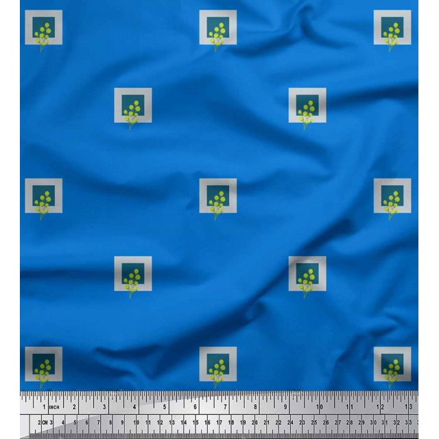 Soimoi Blue Poly Georgette Fabric Boxes & Artistic Leaves Decor Fabric Printed Yard 52 Inch Wide