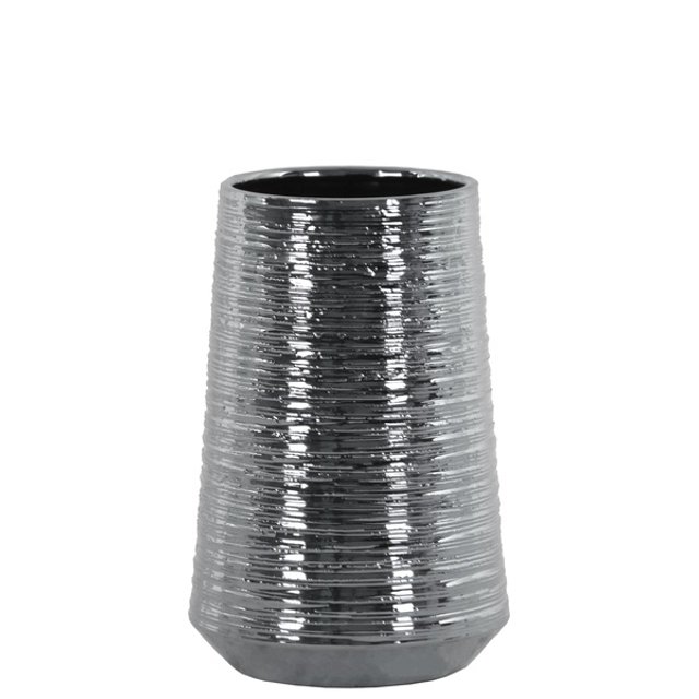 Round Ceramic Vase With Combed Design, Medium, Silver