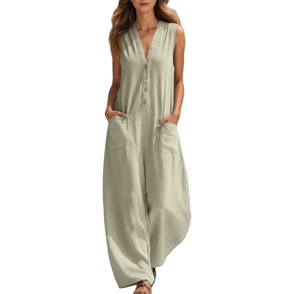 Women's Casual Button Front Sleeveless Jumpsuit Romper Summer Comfortable Outfit,Beige,XL