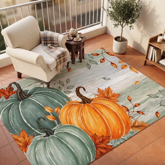 Green Orange Fall Area Rugs 5'x7', Washable Small Throw Rugs for Laundry Room Playroom, Maple Leaves Thanksgiving Greem Wooden Indoor Outdoor Rug Non-Slip Low Pile Carpet Runner Reversible Floor Mats