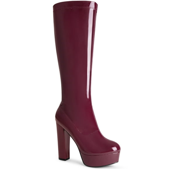 Unique Bargains Women's Patent Leather Platform Chunky Heel Knee High Boots Burgundy (Size 7)