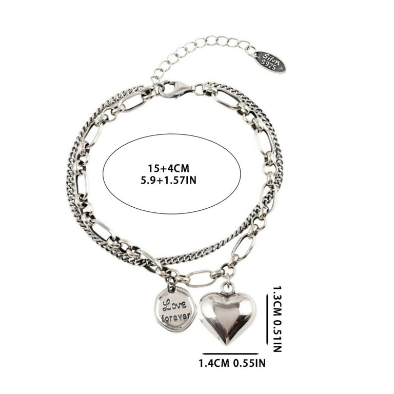 Love Heart Round Piece Double Layer Girlfriends 925 Silver Bracelet Female  Design Sense Vintage Personality String Gift Silver One Size 