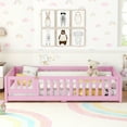 thumbnail image 2 of DEALTOPS Full Size Floor Bed with Safety Guardrails and Door Montessori Wood Bed Frame for Kids, Pink, 2 of 9