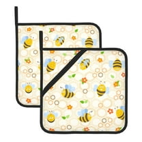 Kitchen Pot Holders Heat Resistant Oven Hot Pads With Hand Pockets And Hanging Loops For Baking Cooking 2 Pack 8'' X 8'' Bee Honeycomb Flowers Yellow