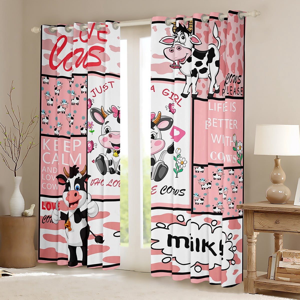 Castle Fairy Kawaii Cow Curtains Pack of 2 (42x84 Each) for Boys Girls,Cartoon Farmhouse Animal Curtains Blackout,Black Pink Bedroom Curtains,Luxury Bedroom Decor