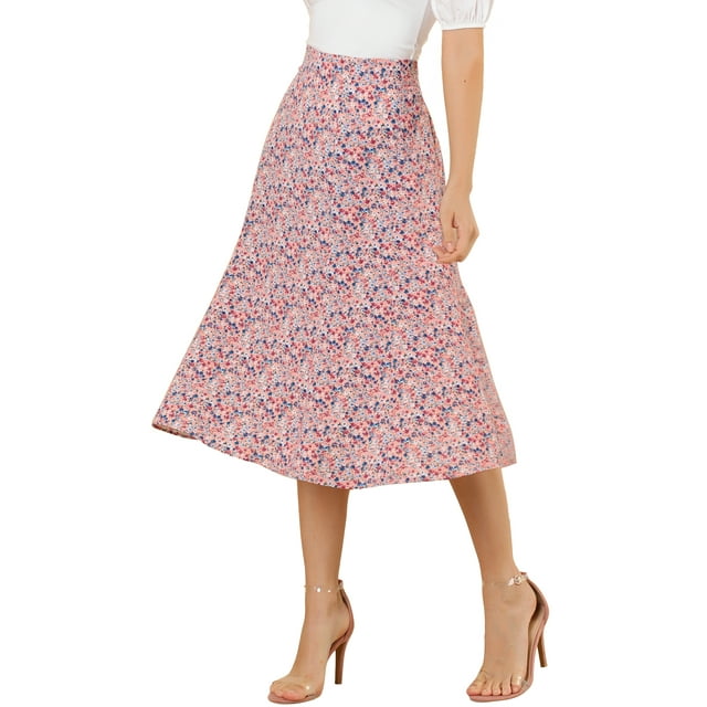 Faldas Midi Chic para Mujeres Inspire, Faldas de Peasant con Cintura Elástica, Faldas A-Line con Estampado Floral Ditsy, Rosa L