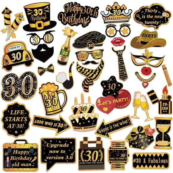 Celebrate 30 with Style: Black and Gold Photo Booth Props for Memorable Selfies. 39 Fun Party Supplies to Elevate His Birthday Bash and Create Lasting Memories.