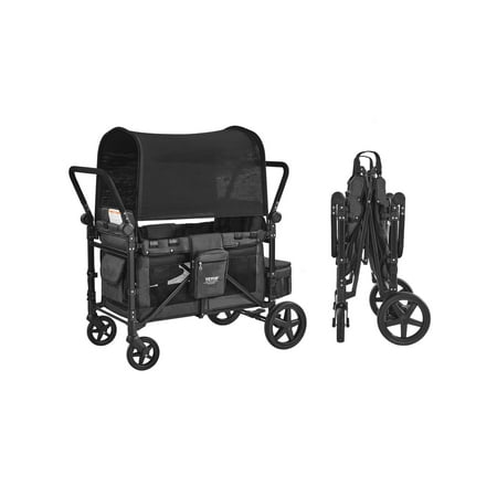 VEVOR Wagon Stroller for 4 Kids, Push Pull Quad Collapsible Stroller with Adjustable Handle, Safety Harness & Removable Canopy, 4-Seater Stroller Wagon for Camping, Dark Gray & Black (330LBS Loading)