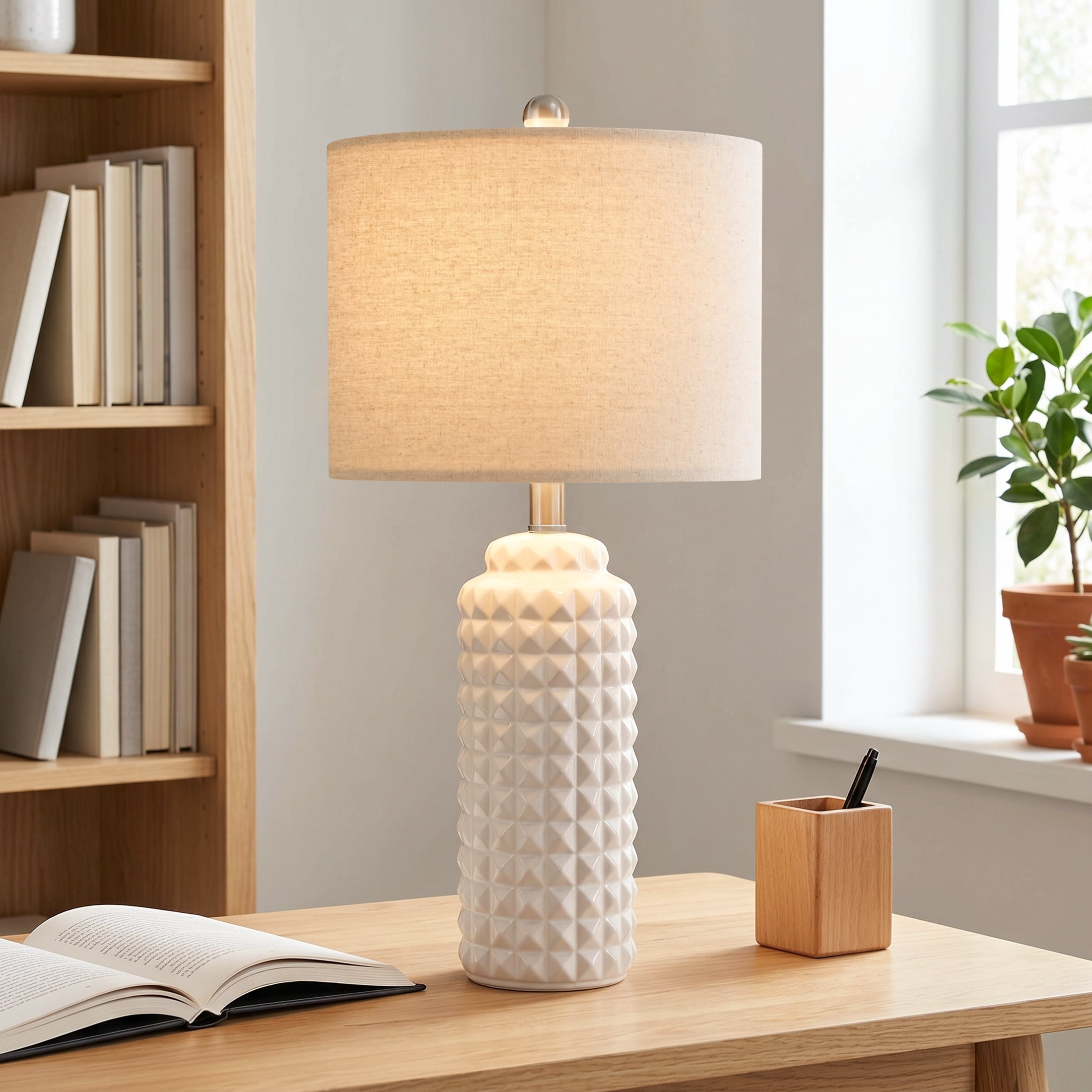 Oneach Modern Ceramic Table Lamp Set of 2 for Living Room Bedroom 24.5" Contemporary White Nightstands Bedside Lamps