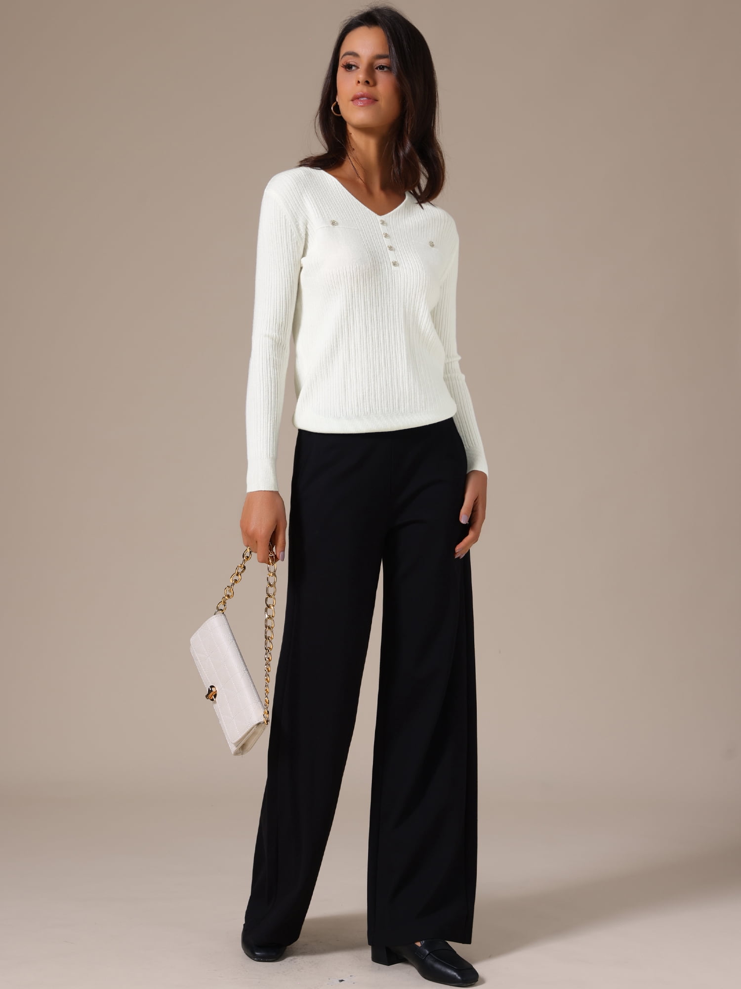 DARING DIVA Women's Long Sleeve Button Decor V Neck Ribbed Knit Sweater XL White