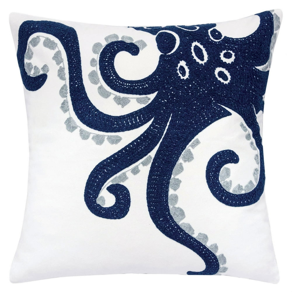 20 X 20 Inches Octopus Embroidered Accent Pillow, Set of 2, Blue and