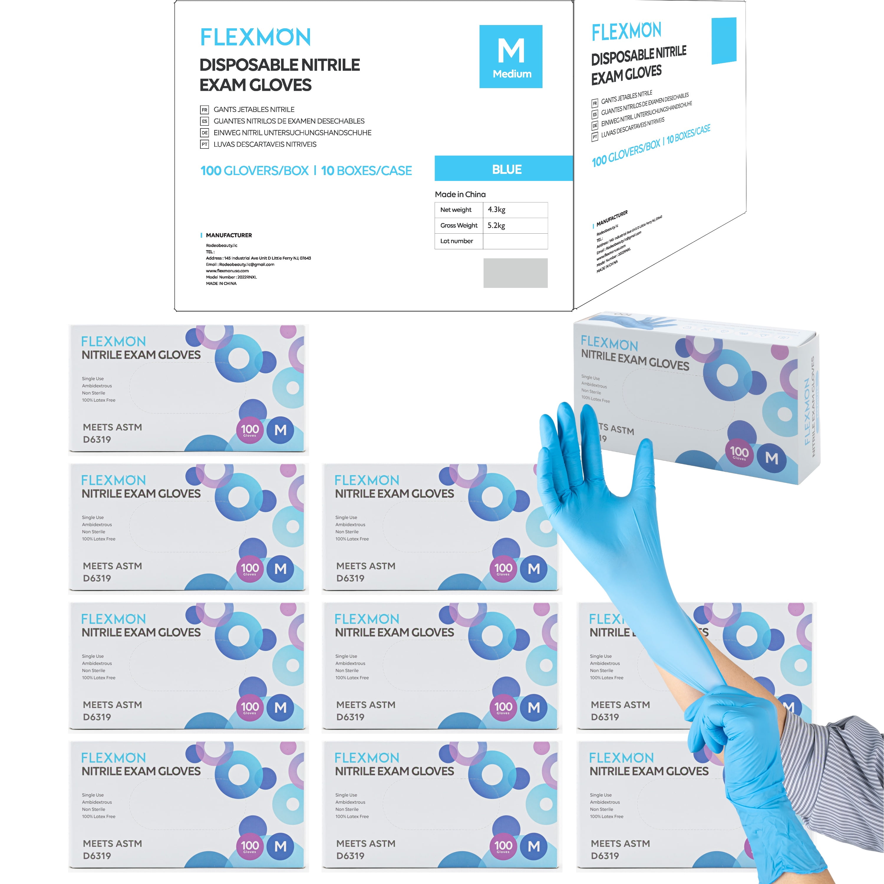 Nitrile Exam and Medical Disposable Gloves, 4.2 Mil, Medium 1000/Box by FLEXMON