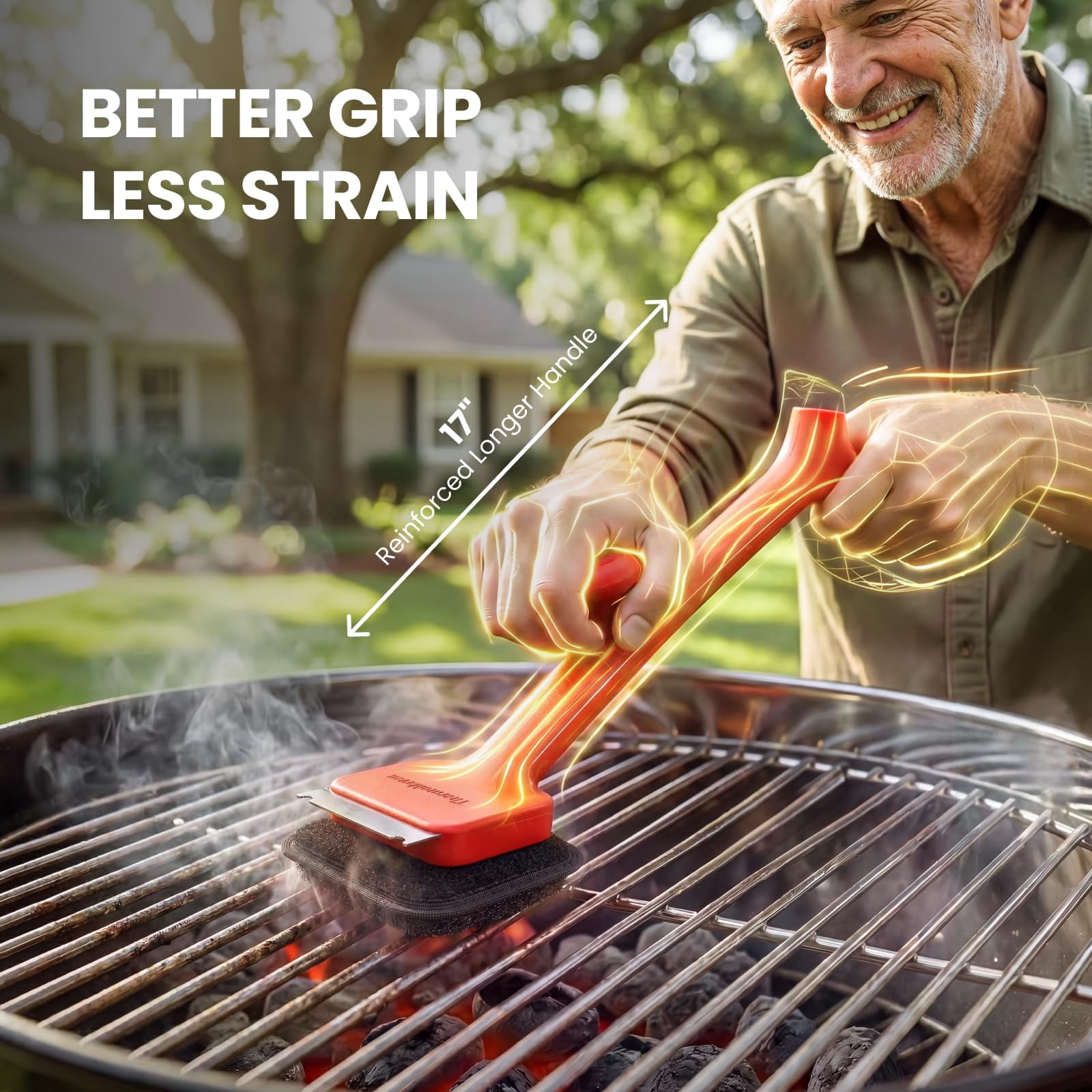 Bristle-free BBQ Grill Brush - 17" Cool-touch Handle, Scraper & 3 Replaceable Heads for Gas Charcoal Cast Iron
