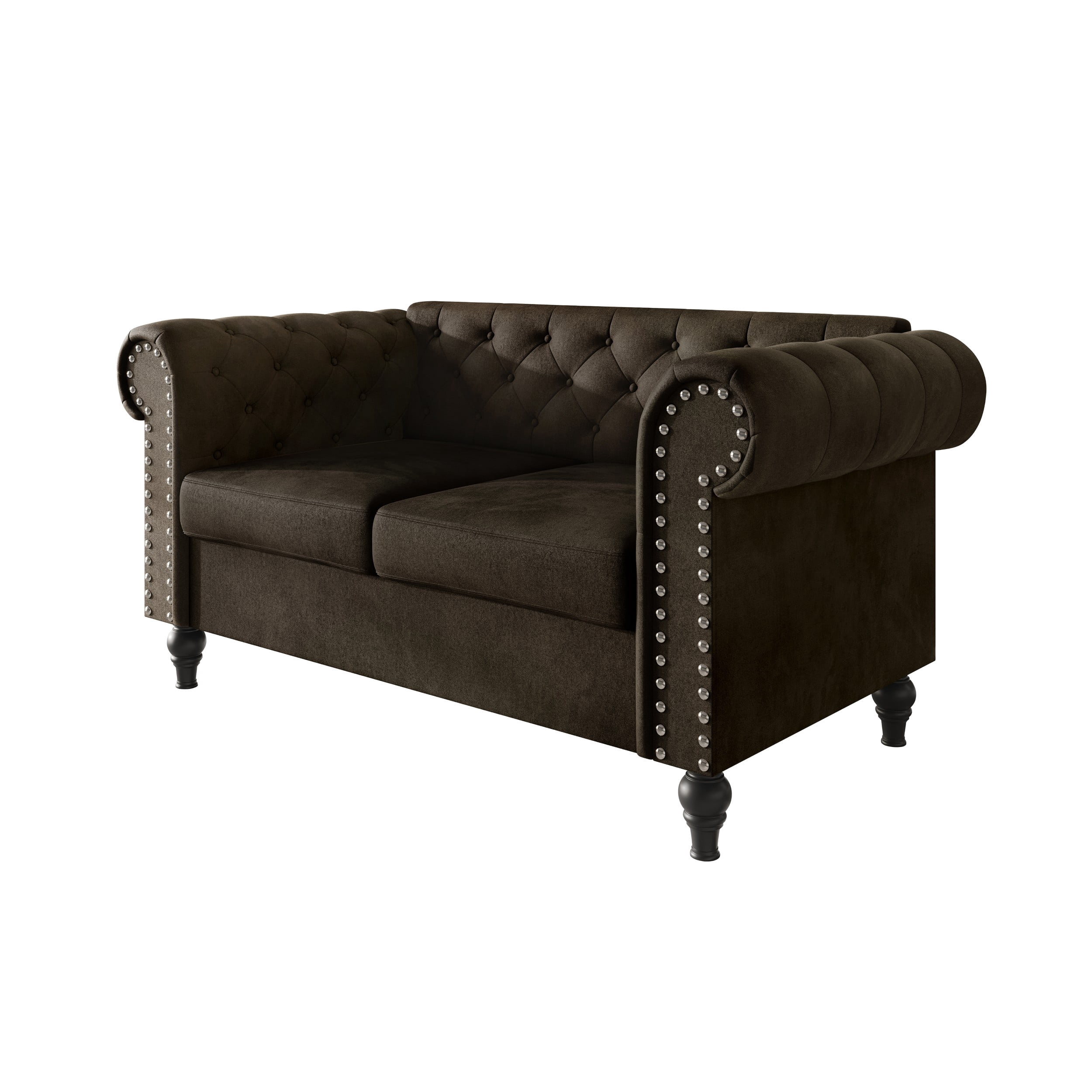 Home Design Kelso 3-Piece Velvet Living Room Set With Rolled Arm Chair, Loveseat and Sofa, Deep Button Tufting and Turned Legs, Brown