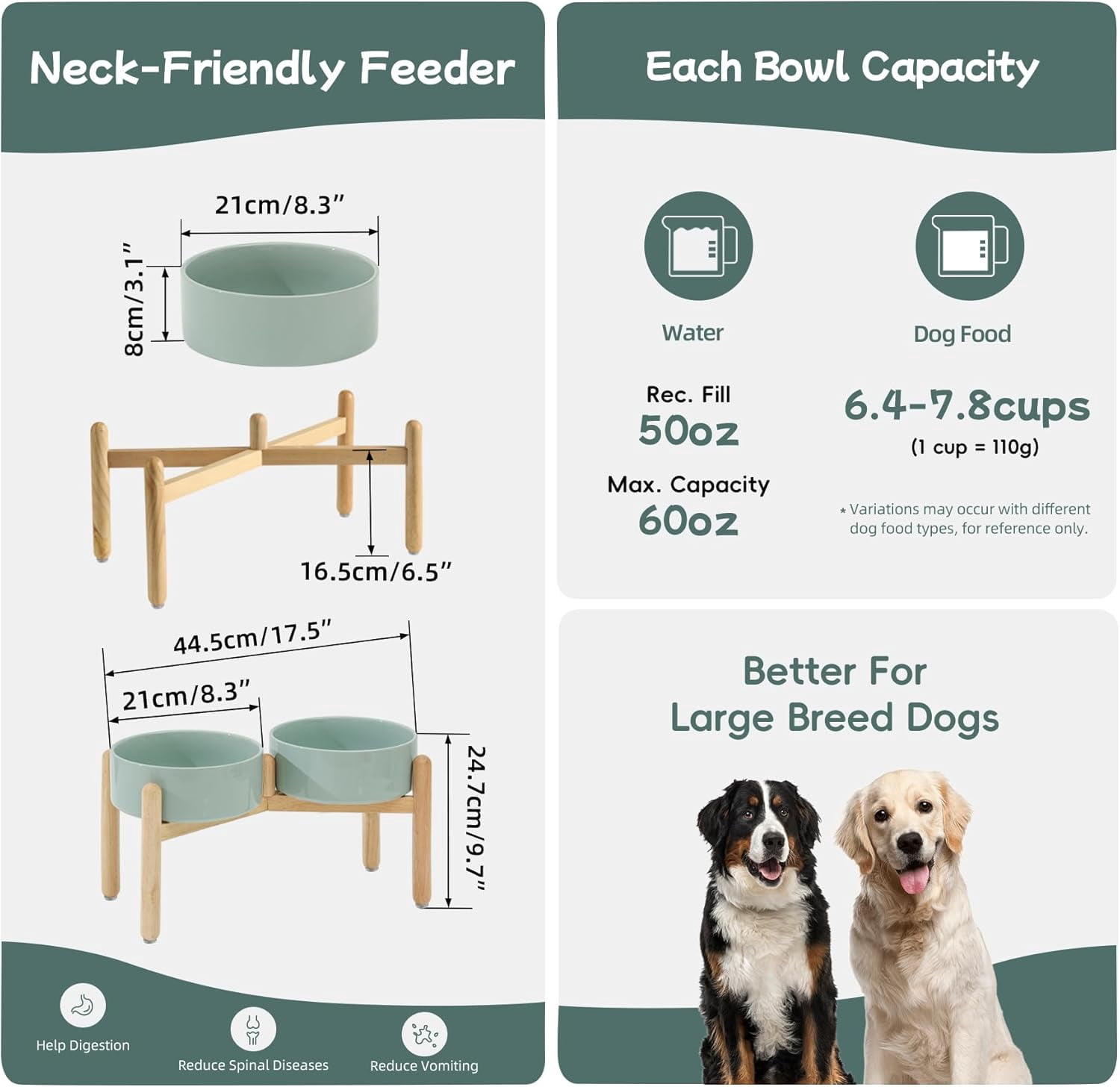 Ceramic 8.2inch Raised Dog Bowl with Stand for Large- Breed Dogs, Pet Food and Water Feeder (Double Bowl with Stand - Light Green)