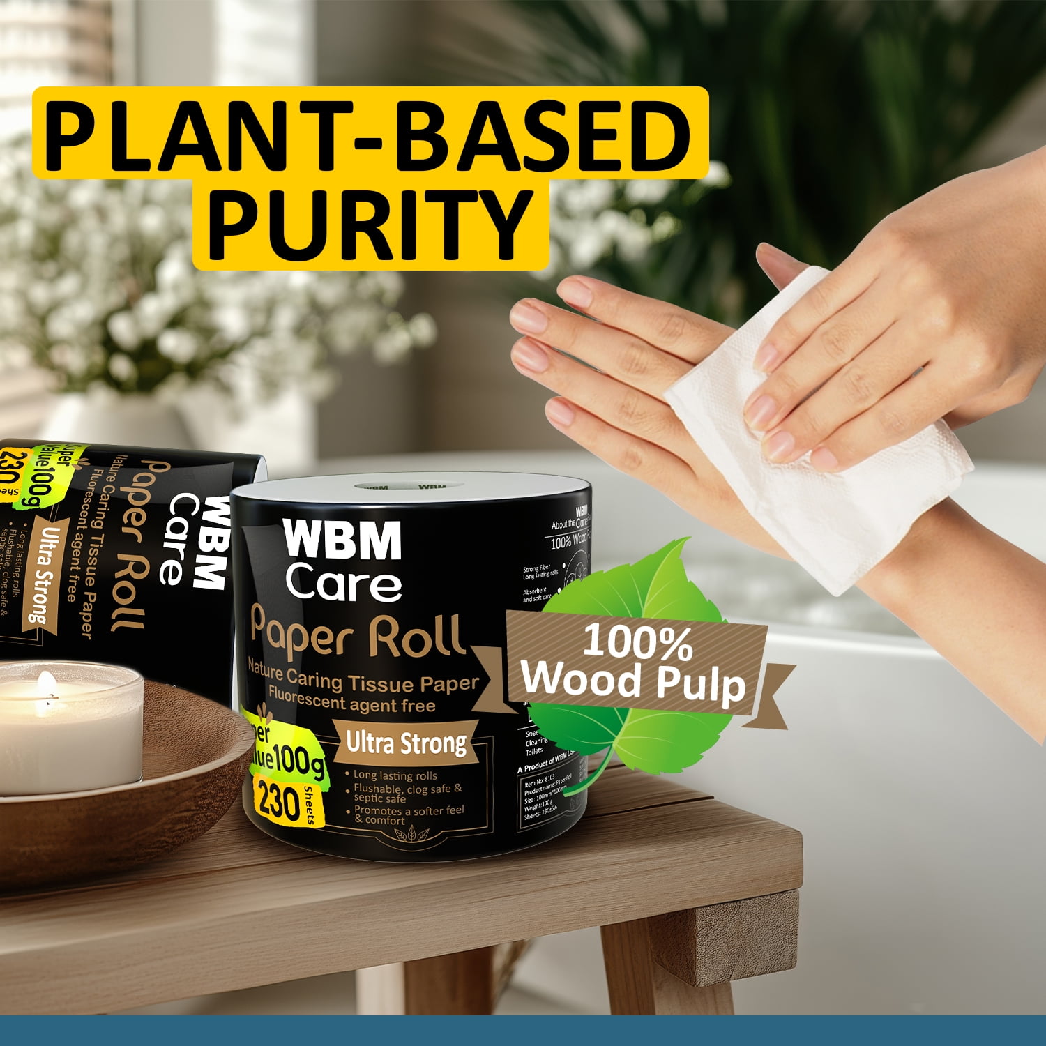 WBM Toilet Tissue Paper, 3-Ply, Soft & Strong, 100% Wood Pulp, Highly Absorbent & Biodegradable, Free from Dyes & Chemicals, 230 Sheets per Roll, 100g