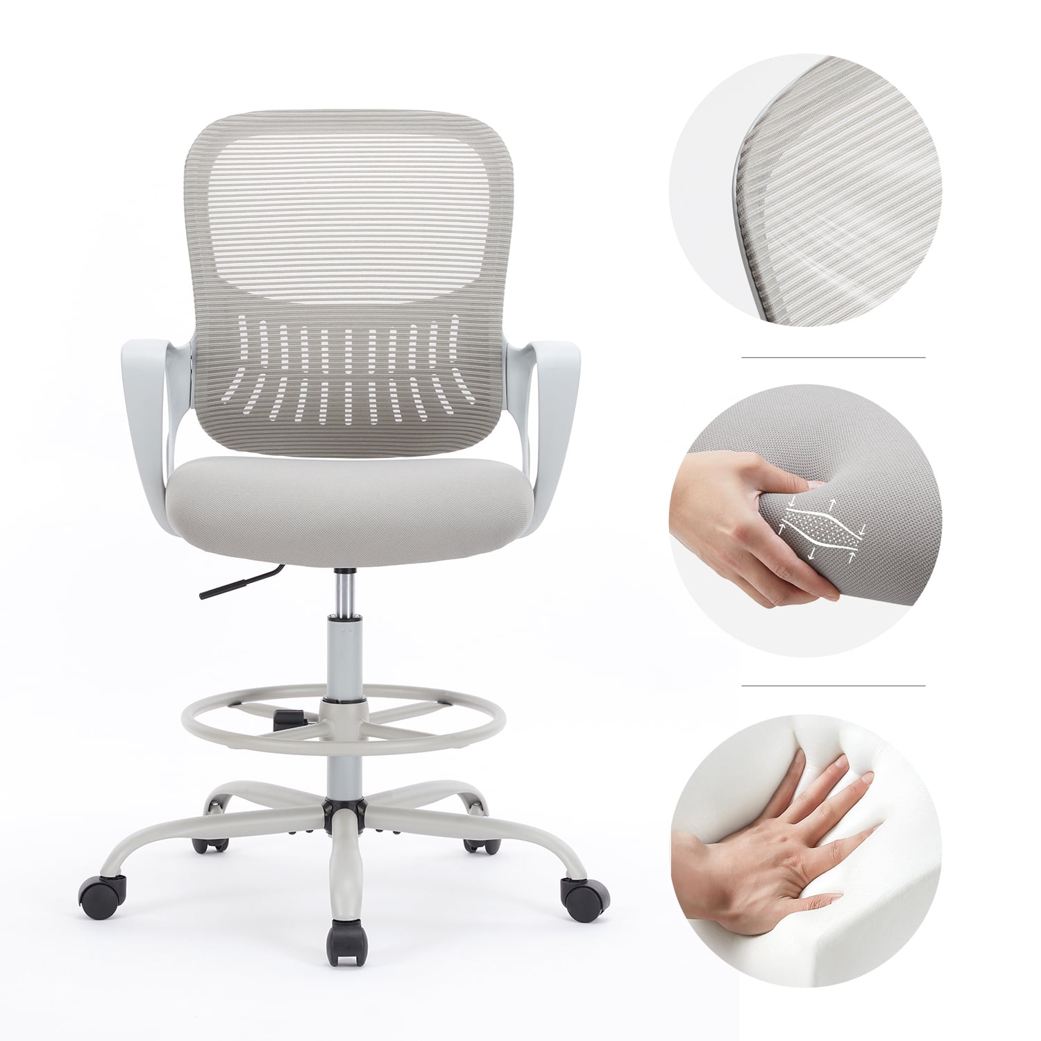 GIANNA Ergonomic Tall Mesh Office Chair with Adjustable Foot Ring, Storable Lumbar Support, Armrests, and Mid-Back Design – High Task Chair with Wheels, Gray