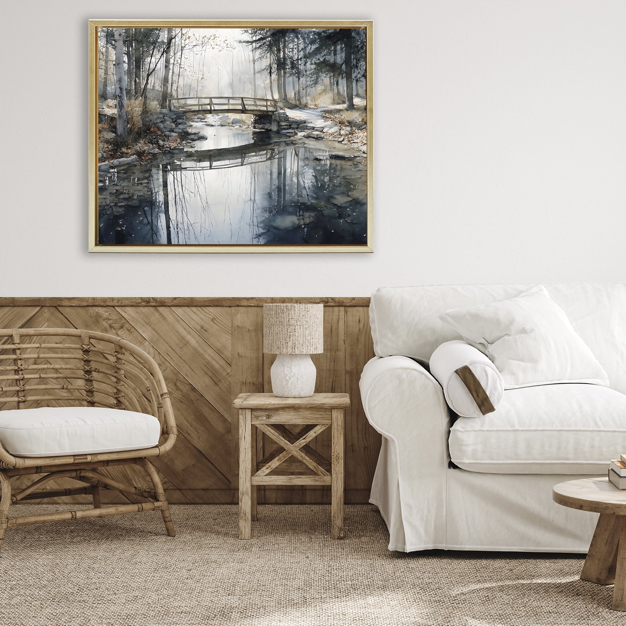 Stupell Industries Stone Bridge over Stream Gold Framed Floater Canvas Wall Art, design by Franklyn Gregory