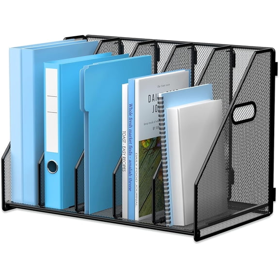 Desk File Organizer Metal Desk Magazine Folder Holder with 5 Vertical Compartments Rack File Organizer for Office, Home, School, Black