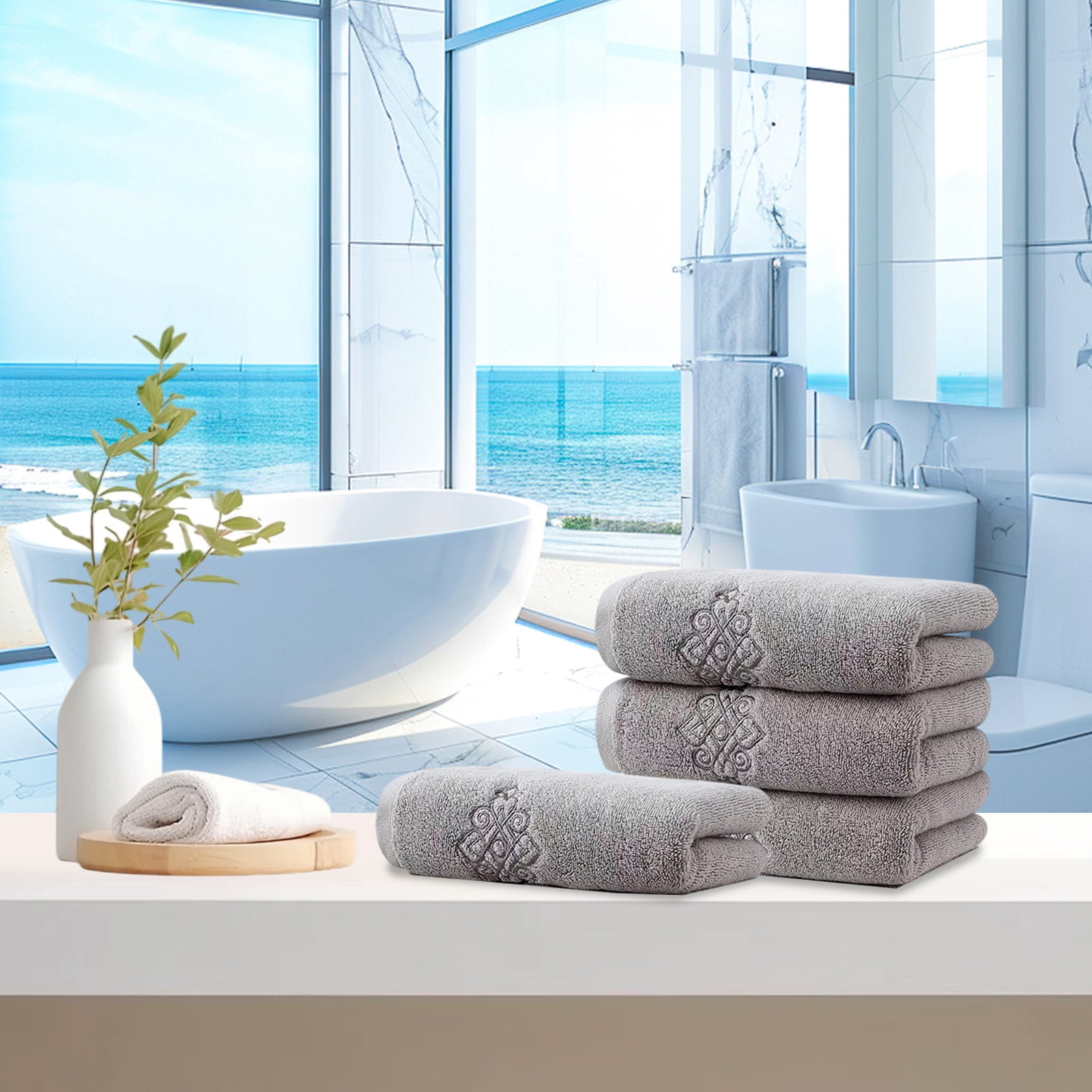 Hand Towel Set of 4 Super Thick Luxury Cotton Soft Highly Absorbent Embroidered Hand Towels for Bathroom Decorative Hotel Quality (14 x 31 in,Gray)