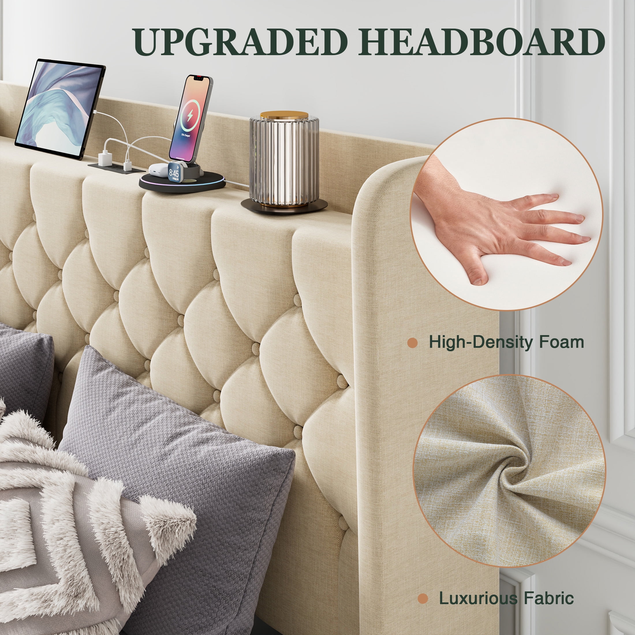 Einfach Full Bed Frame, Upholstered Platform Bed with Storage Wingback Headboard and Fast Charging Hub, No Box Spring Required, Beige