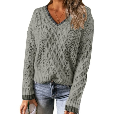 

PhoneSoap Fashion Loose Twisted Rope Hollow Long Sleeve V-neck Sweater For Women Grey