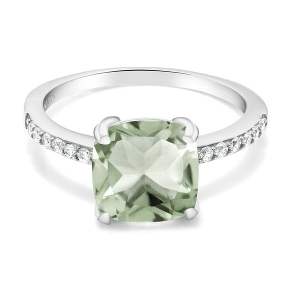 Gem Stone King 2.17 Cttw Green Prasiolite Engagement Ring for Women in 925 Sterling Silver | Cushion Cut 8MM | Gemstone Birthstone | Available in Size 5, 6, 7, 8, 9