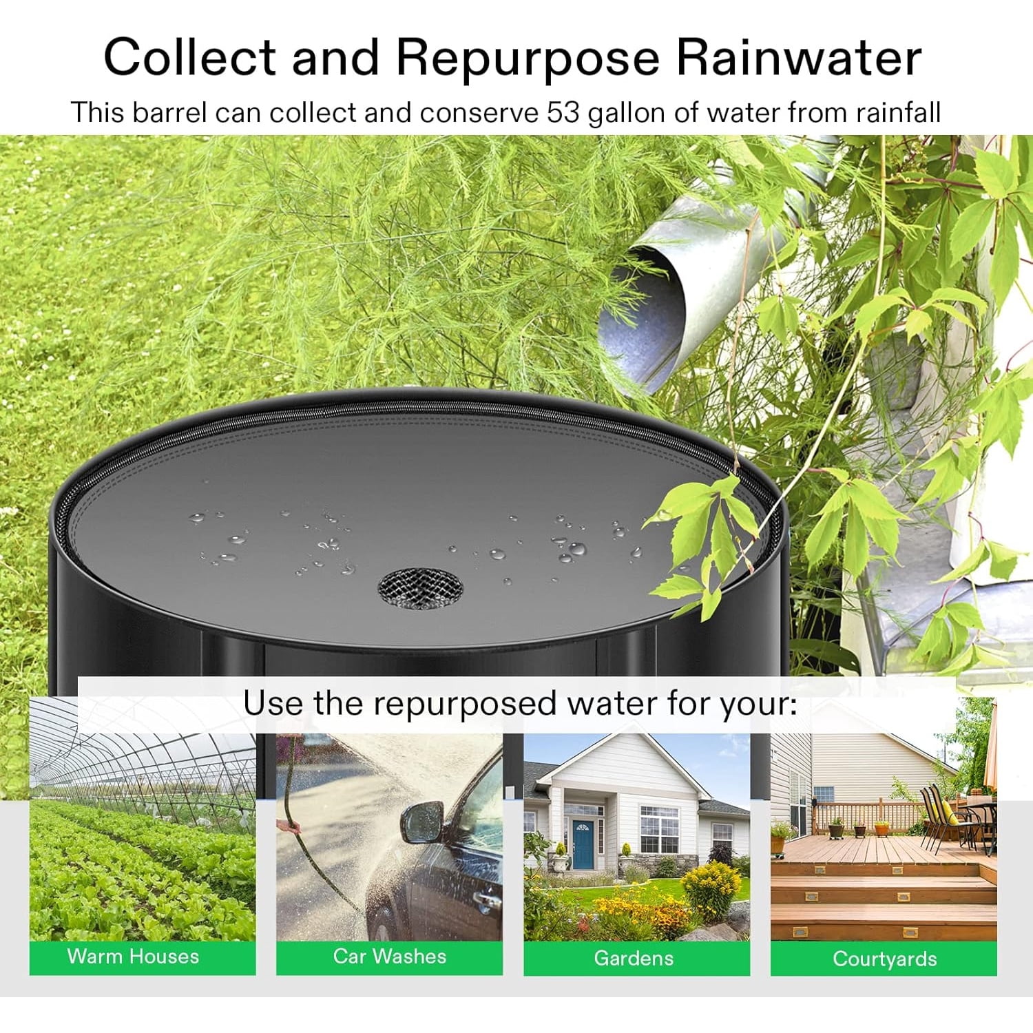 Collapsible Rain Barrel, 53 Gallon with 1000D Oxford Cloth, Portable Rain Collection System, Water Barrel Collector w/Filter Spigot