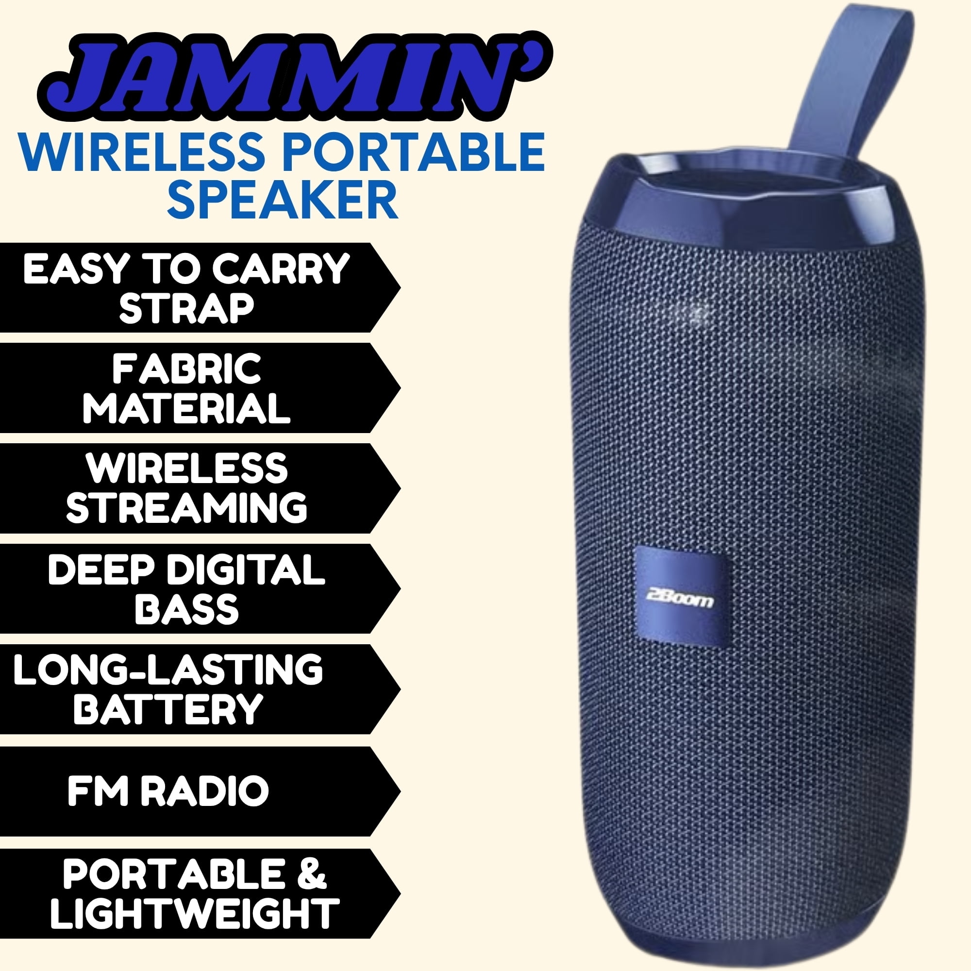 2Boom Jammin' Wireless Portable Speaker Blue, Deep Bass, Long Battery, Lightweight, Travel-Friendly, Easy Carry Strap 1Ct with Snoep in Beperkte Oplage