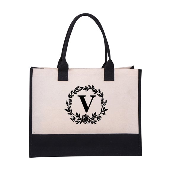 Qonioi Women's Fashion Canvas Handbag with Letter Print, Cotton Canvas Beach Tote Bag with Open Top for Shopping Travel, Casual Versatile Shoulder Bag for Daily Use