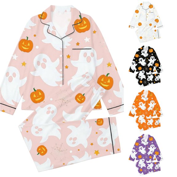 REDARER Girls 2 Piece Halloween Pajama Set Notch Collar Long Sleeve Button Top Matching Long Pants Ghost Pumpkin Spider Star Print Casual Home Sleep Loungewear Outfit,13-14 Years