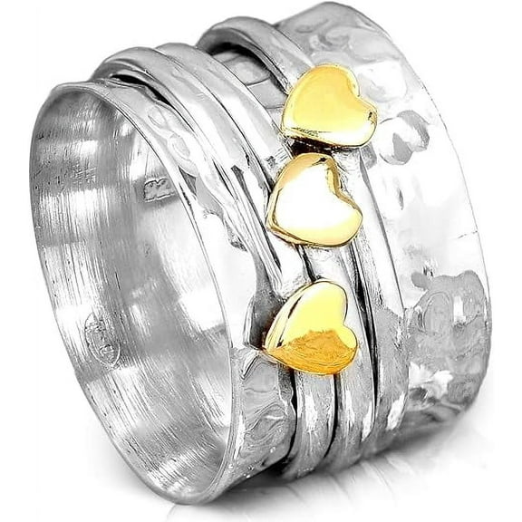 Spinner Ring for Women 925 Sterling Silver with Brass Hearts and Fidget Bands