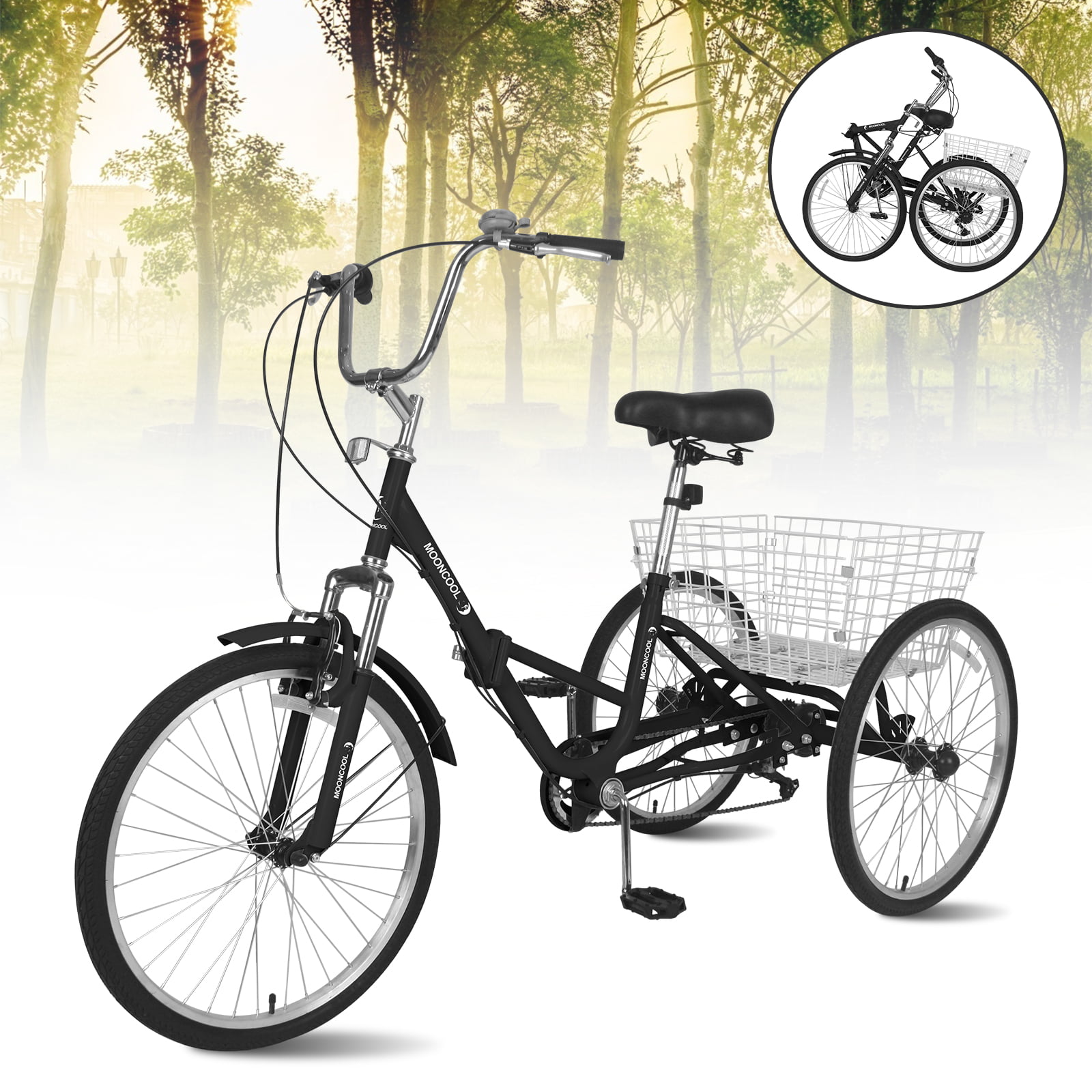 Ridgeyard 7 Speed 24" 3-Wheel Adult Tricycle Cruiser Bike Bicycle Basket Black 
