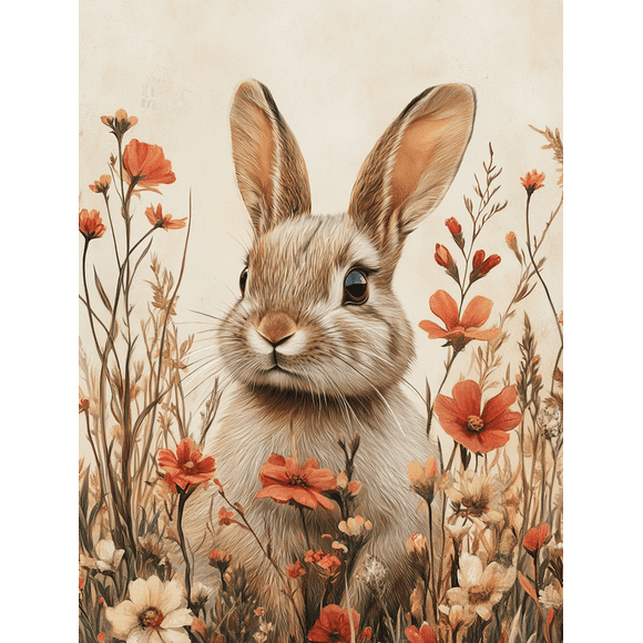 Qisvanset 12x16 Inch Meadow Bunny Canvas Wall Art, Wildflower Rabbit Vintage Woodland Farmhouse Decor