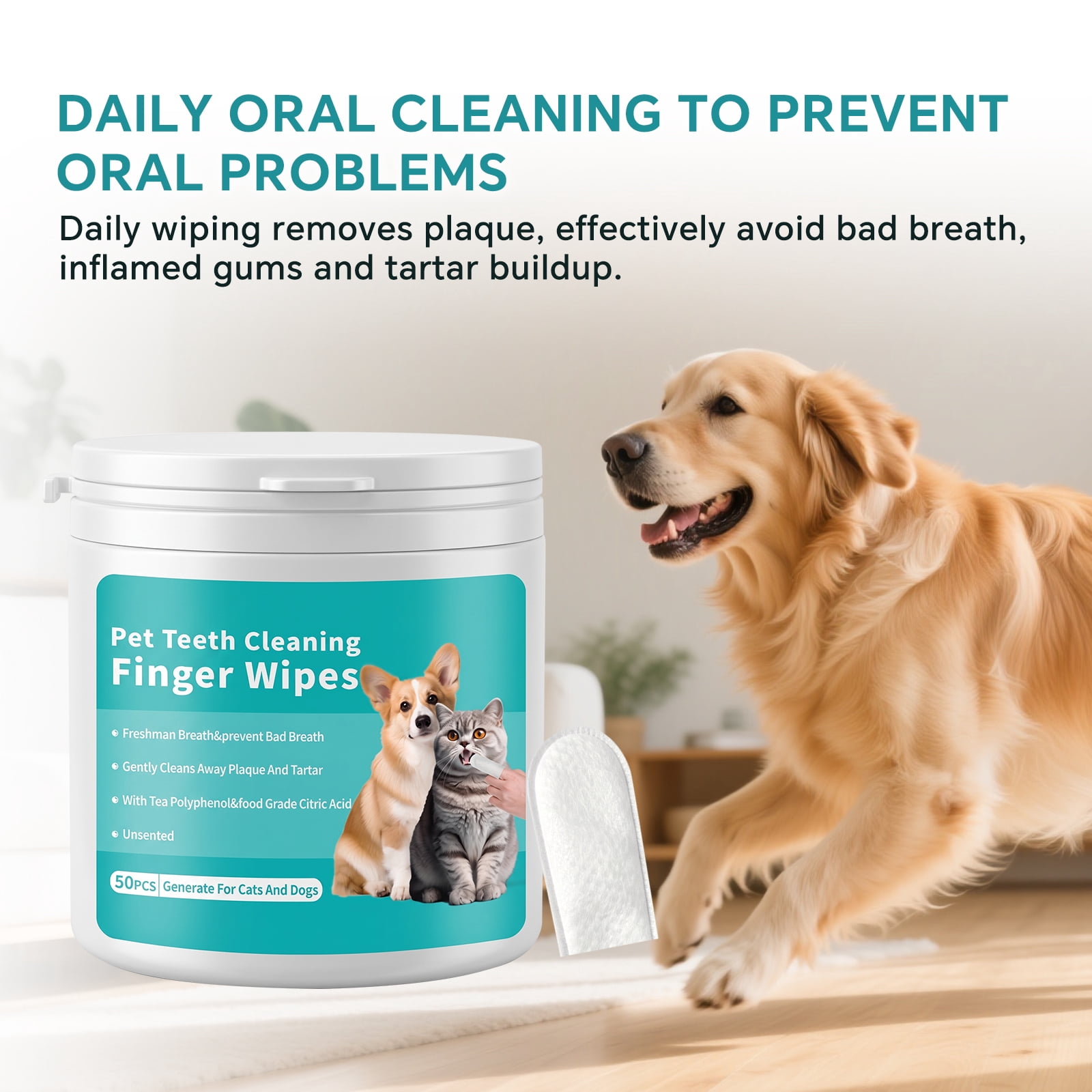 100PCS Pet Teeth Cleaning Finger Wipes for Dogs & Cats, Daily Oral Care Dental Wipes Helps Reduce Plaque Tartar & Freshens Breath, Dog Toothbrush Alternative for Puppies, Kittens & All Breeds, 2 Box