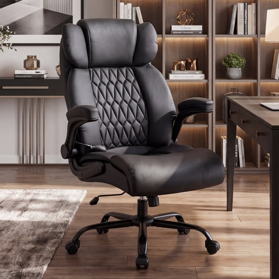 Ninecer Ergonomic Leather Office Chair with Adjustable Flip-Up Arms and Lumbar Support, Black